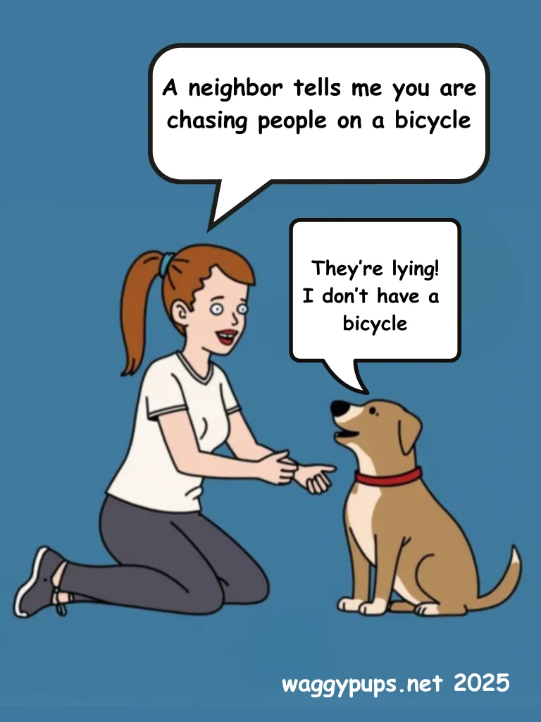 Cartoon woman kneeling, talking to dog about chasing rumor; dog denies owning a bicycle.
