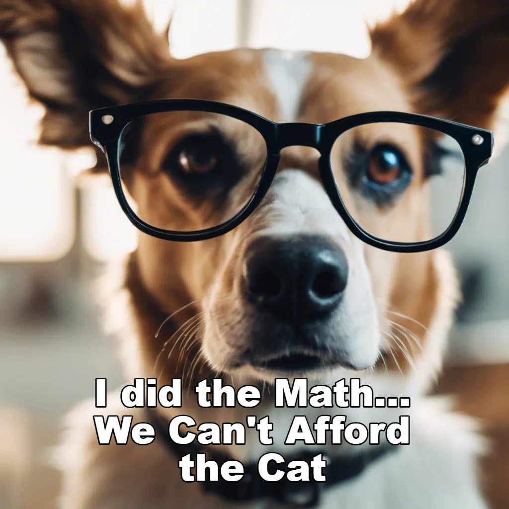 Dog wearing glasses with humorous text saying, I did the Math... We Can't Afford the Cat.