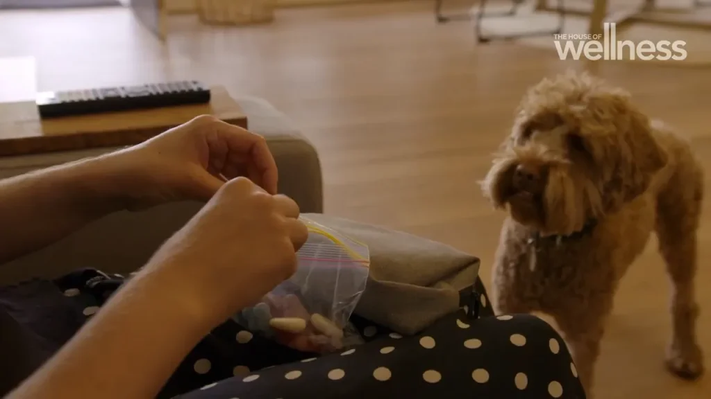 Person opening a bag of pet treats as a fluffy dog watches eagerly in a cozy living room.
